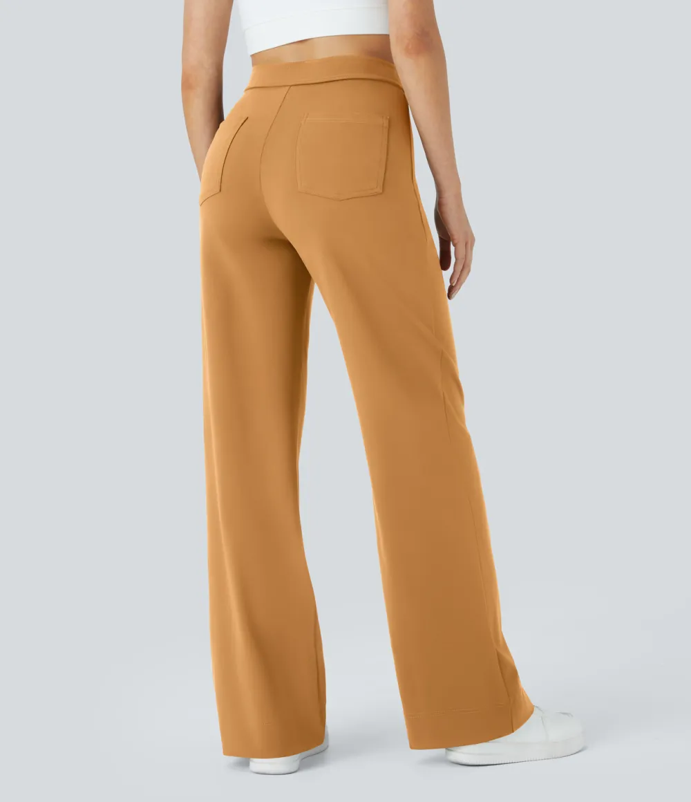 High Waisted Button Multiple Pockets Straight Leg Casual Pants