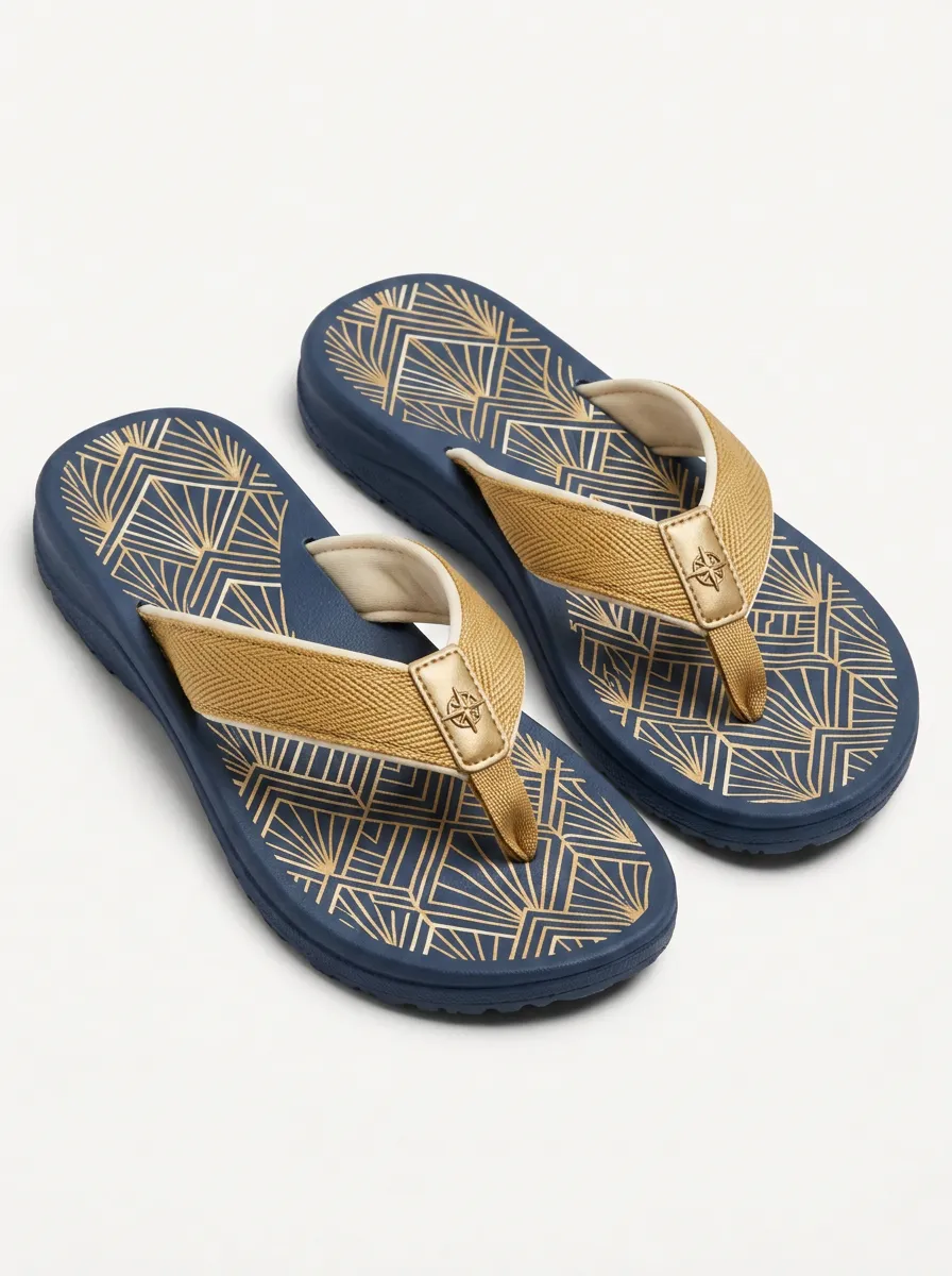 Men's Nautical Compass Gold Geometric Printed Flip Flops