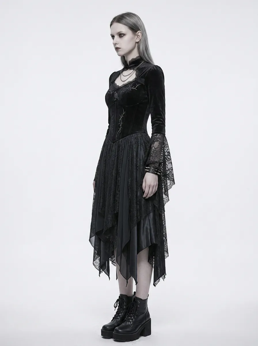 Women's Gothic Raven Thorn Embroidered Velvet Printed Top
