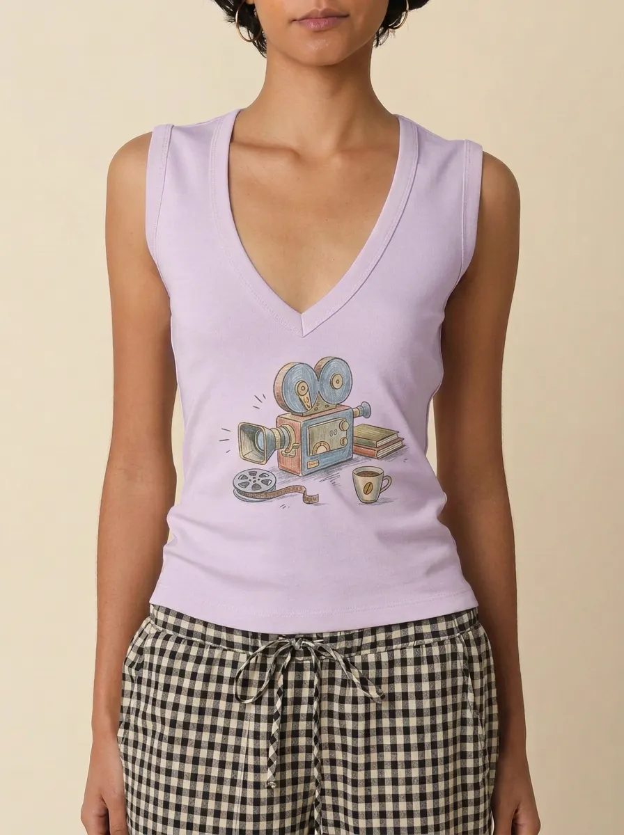 Women's Movie Lover Vintage Camera Film Coffee Graphic Tank Top