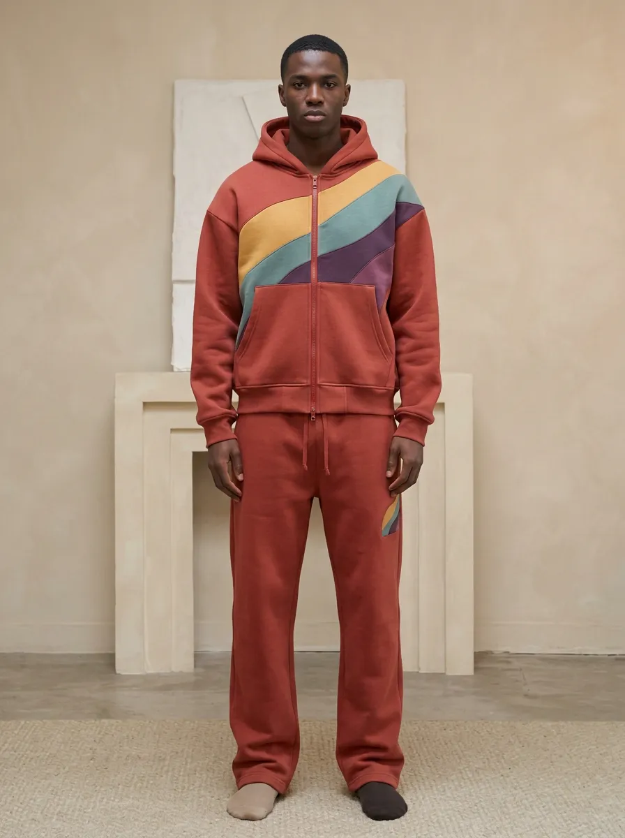 Men's Retro Colorblock Striped Printed Hoodie Tracksuit Set