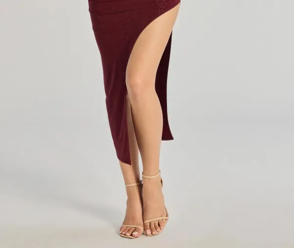 Burgundy Glitter High-Rise High-Slit Midi Skirt