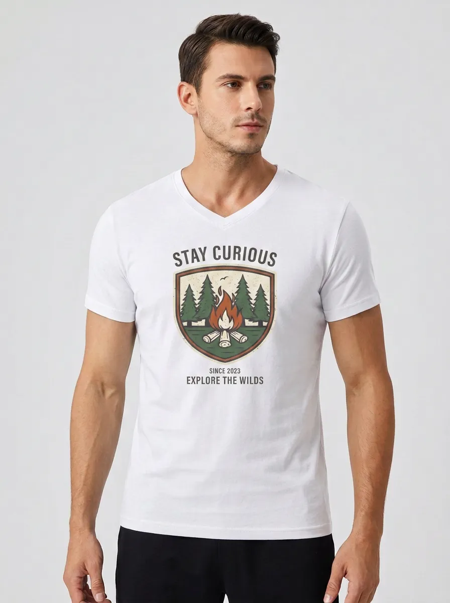 Men's Camping Lover Stay Curious Campfire Forest Printed V-neck T-shirt