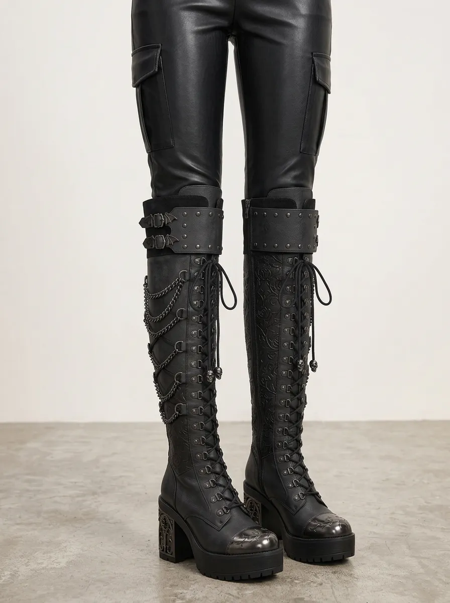 Ritual-Inspired Skull Bat Lace Punk Look Women's Gothic Platform Boots