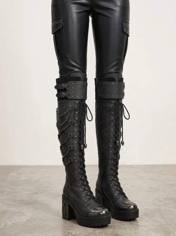 Ritual-Inspired Skull Bat Lace Punk Look Women's Gothic Platform Boots