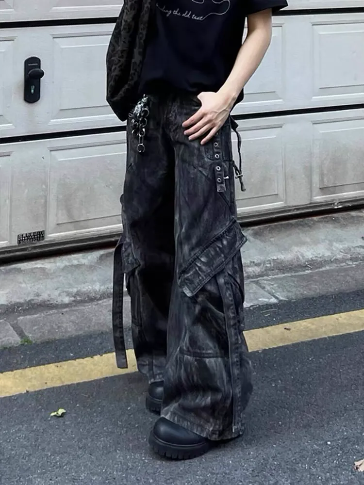 Acid-Wash Cargo-Pocket Distressed Jeans