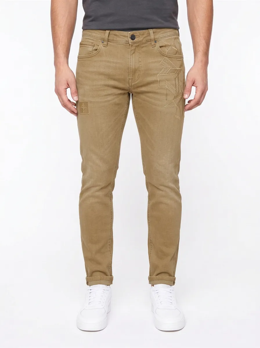 Men's Geometric Pattern Embroidered Slim-Fit Jeans