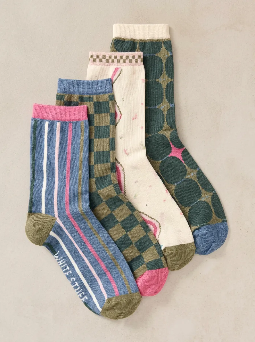 Geometric Floral Striped Four-Pair Casual Socks
