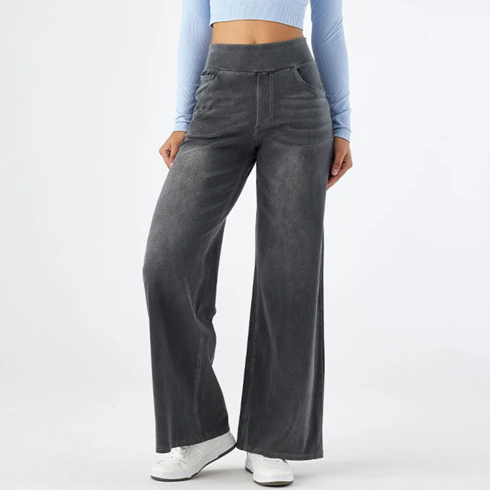 2026🔥  High Waisted Multiple Pockets Baggy Wide Leg Washed Stretchy Knit Casual Jeans