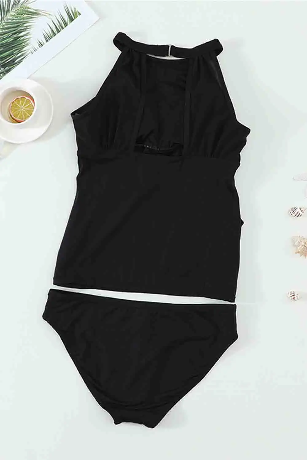 High Neck Plunge Mesh Ruched Tankini Swimwear