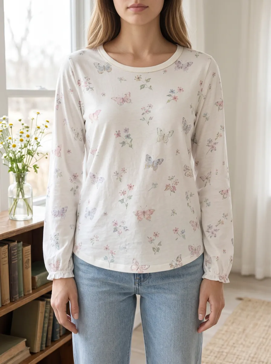 Women's Soft Everyday Sweet Style Butterfly and Floral Printed Long Sleeve T-shirt