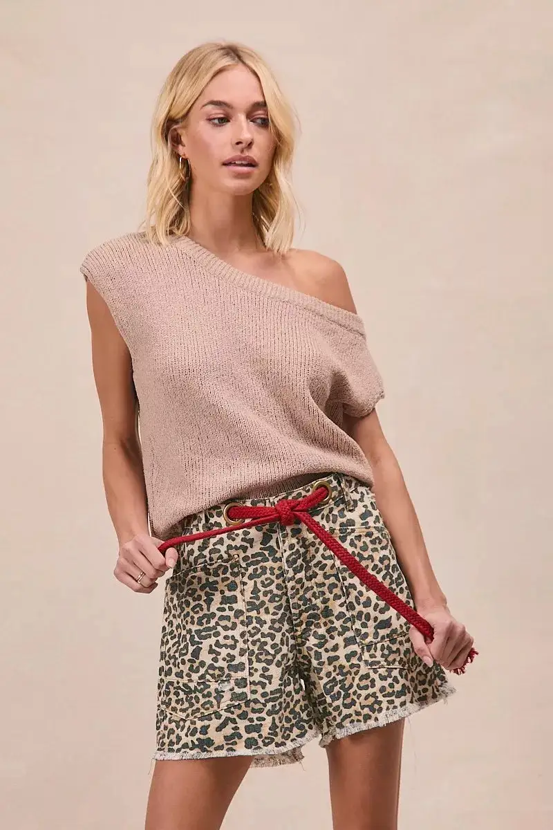 Sequin Leopard Print Relaxed Fit Drawstring Shorts
