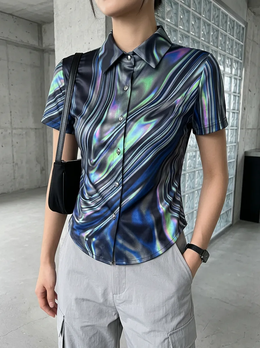Women's Y2K Aesthetic Holographic Liquid Marble Printed Shirt