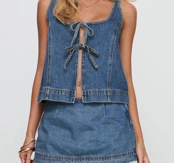 Mid-Wash Denim Tie-Front Top