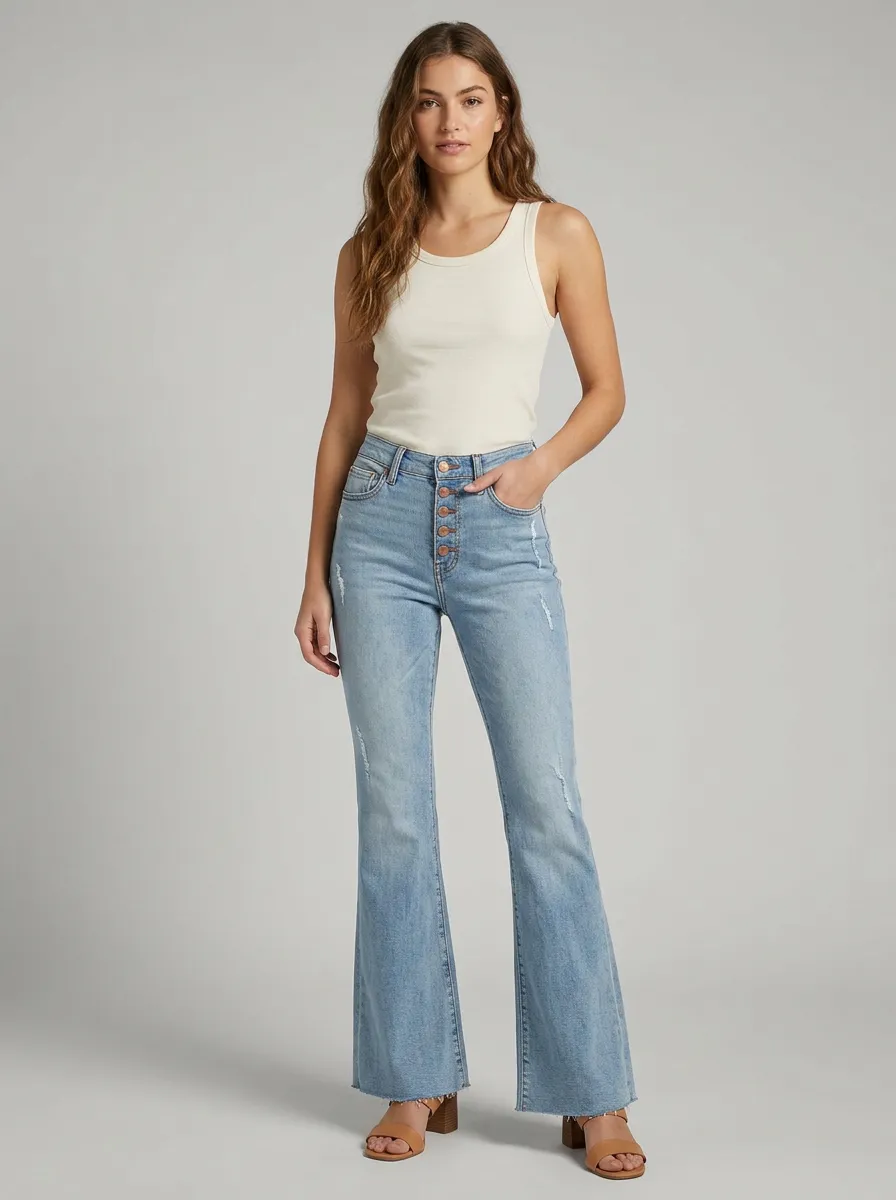 Women's Casual Fashion High-Rise Distressed Button-Fly Flare Jeans