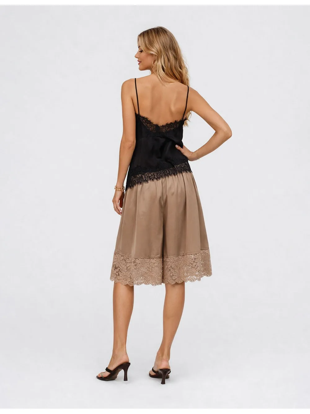 Satin Lace Trim V Neck Irregular Hem Cami Top