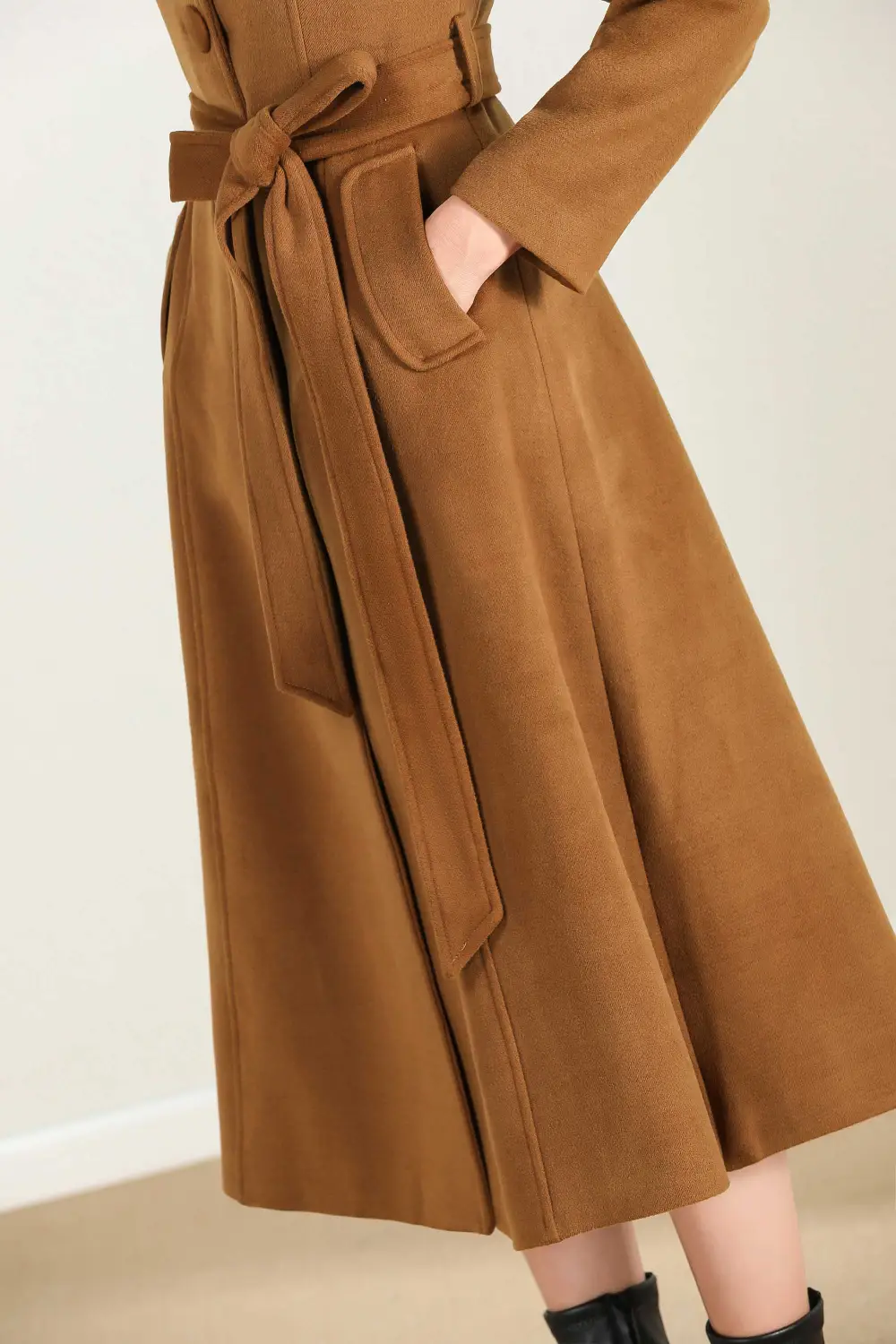 Wool Blend A Line Belted Pocketed Midi Coat