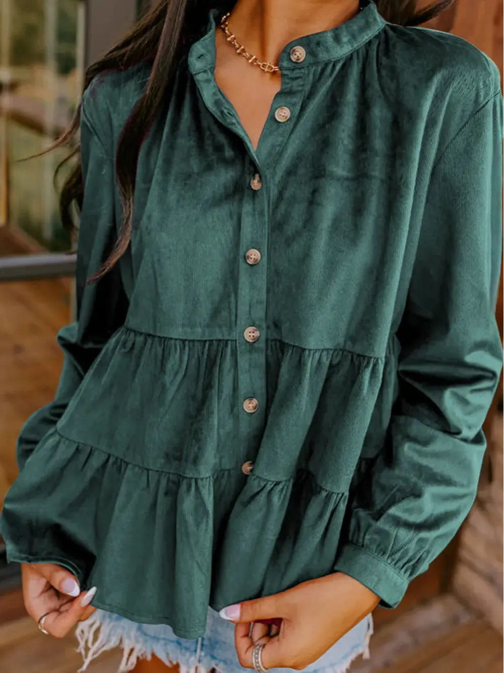 Ruffled Crew Neck Western Inspired Shirt Blouse