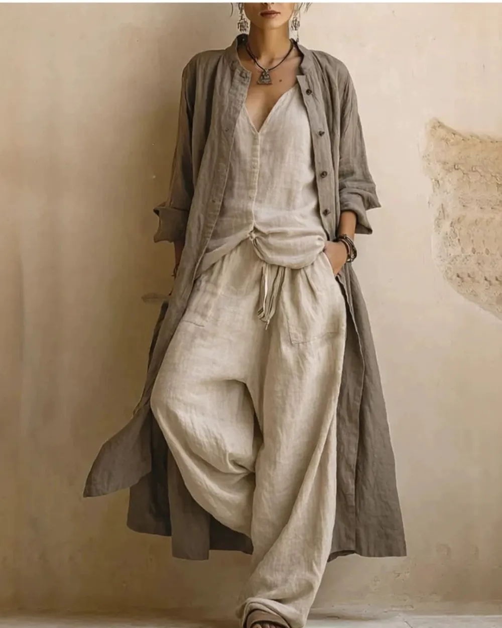 Boho Three-Piece Outfit Printed Top Wide Leg Pants