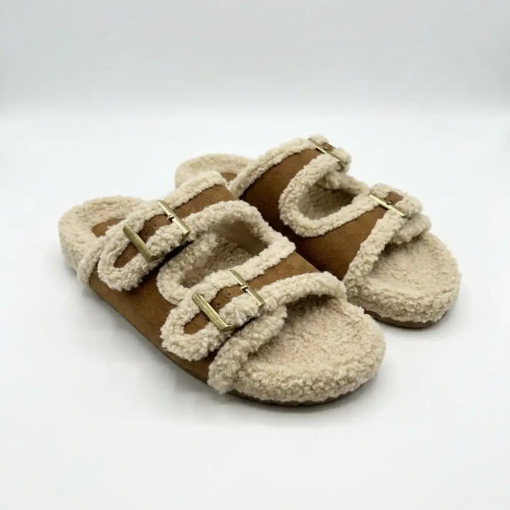 Sherpa Faux Suede Patchwork Double Buckle Flat Sandals