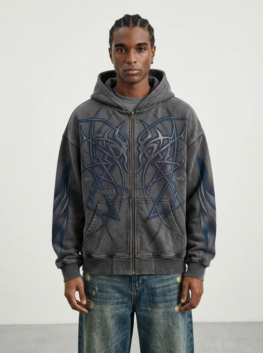 Men's Streetwear Cyber Tribal Graphic Printed Zip-up Hoodie