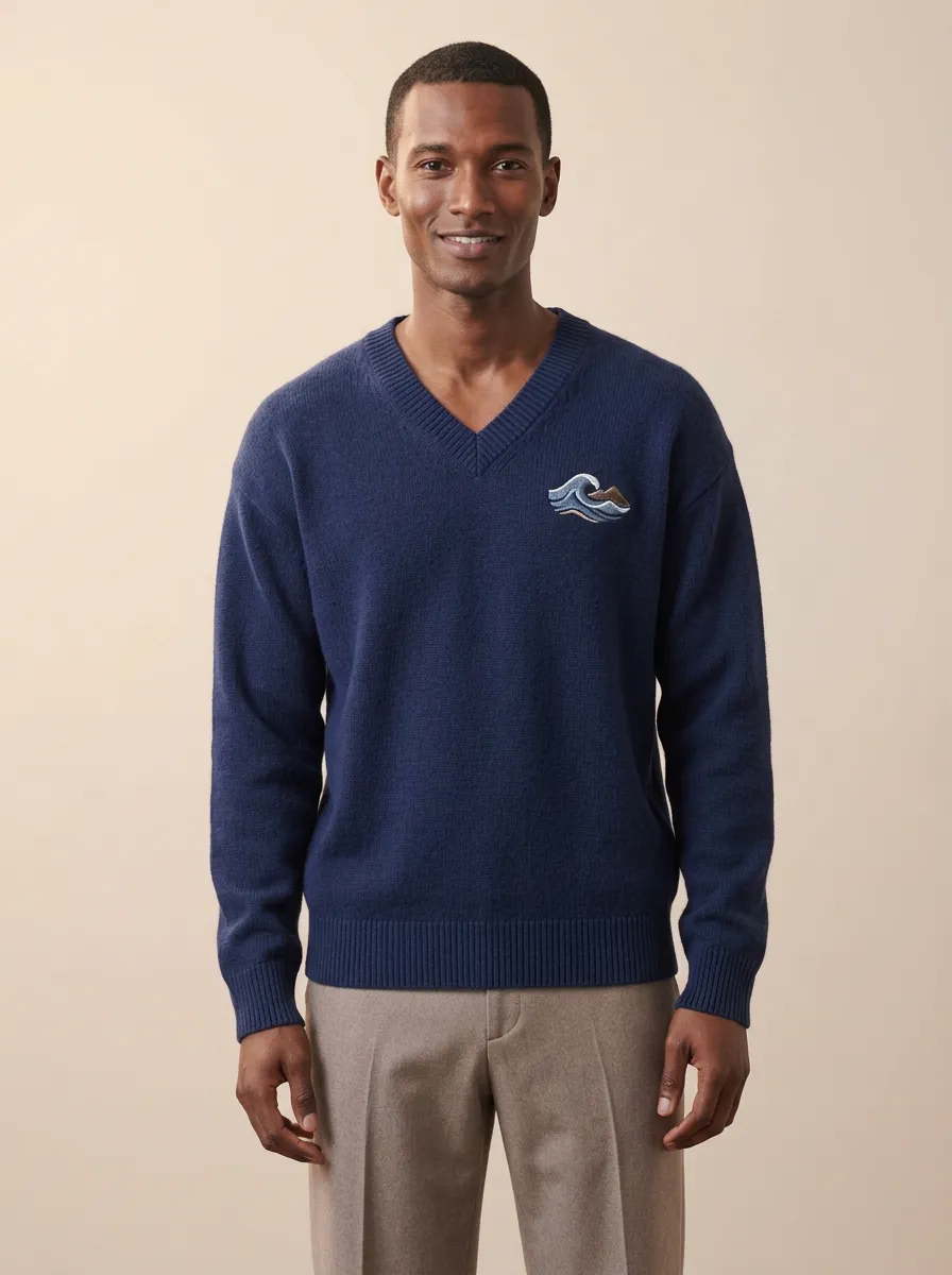 Men's Mountain Wave Embroidered V-Neck Knit Sweater