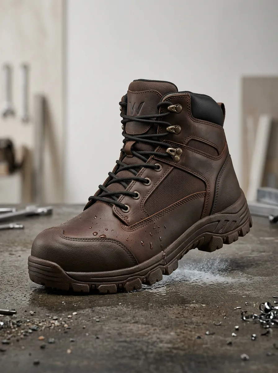 Unisex Waterproof Brown Leather Waterproof Construction Printed Work Boots