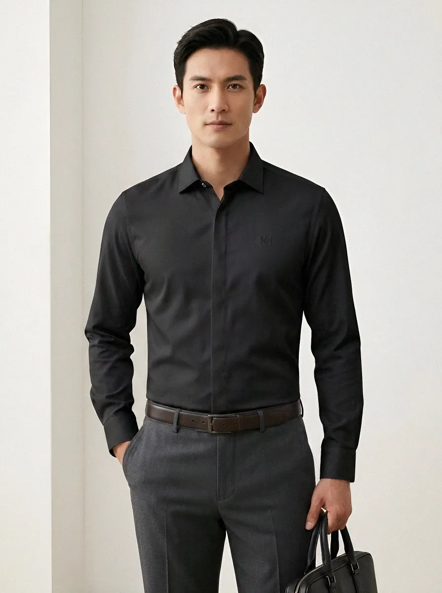 Men's Business Casual Non-Iron Cotton Embroidered Logo Shirt