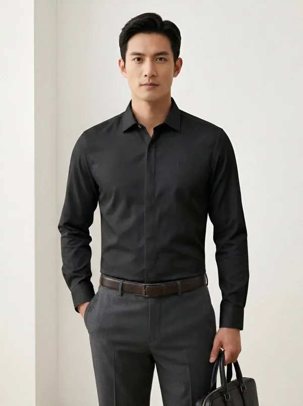 Men's Business Casual Non-Iron Cotton Embroidered Logo Shirt