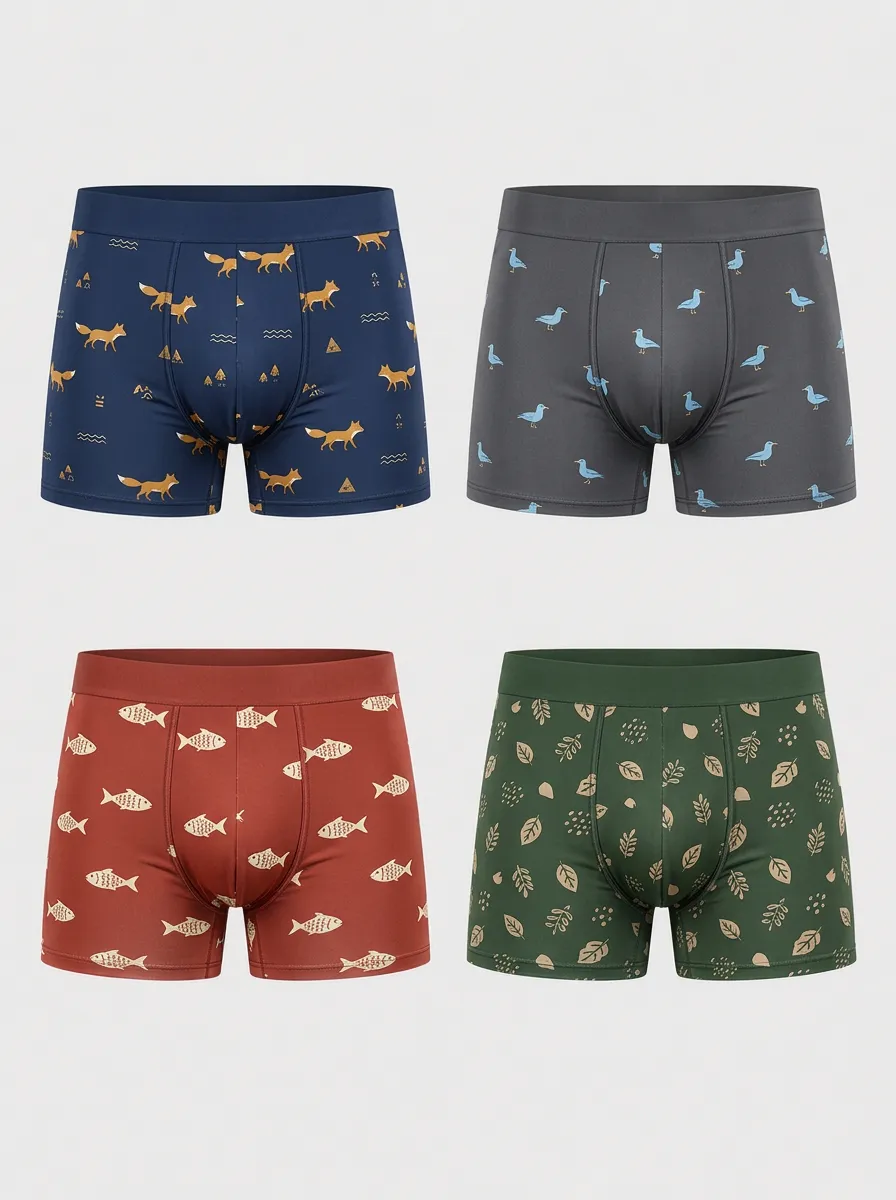 Men's Nature Animal Forest Printed Boxer Briefs 4-Pack