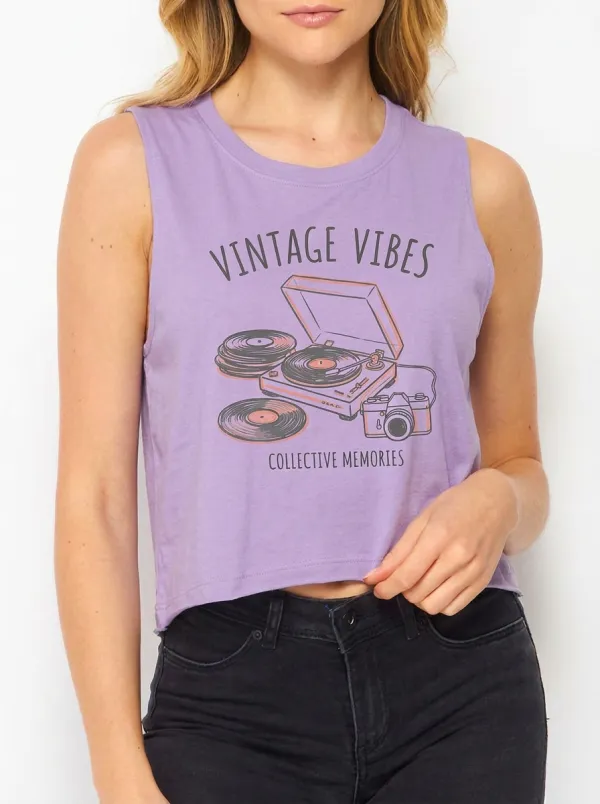 Women's Vintage Music Lover Record Player Camera Printed Crop Top