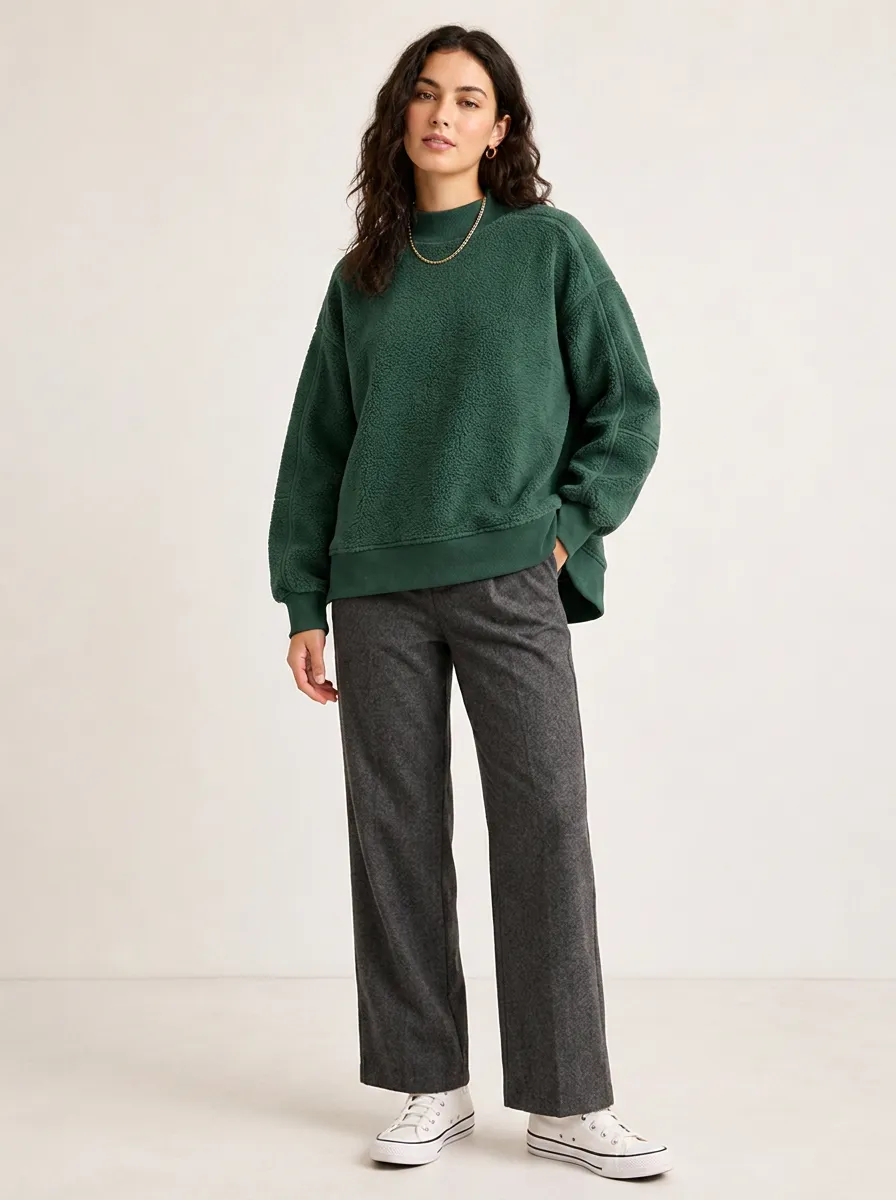 Women's Casual Winter Forest Green Sherpa Fleece Pullover Sweatshirt