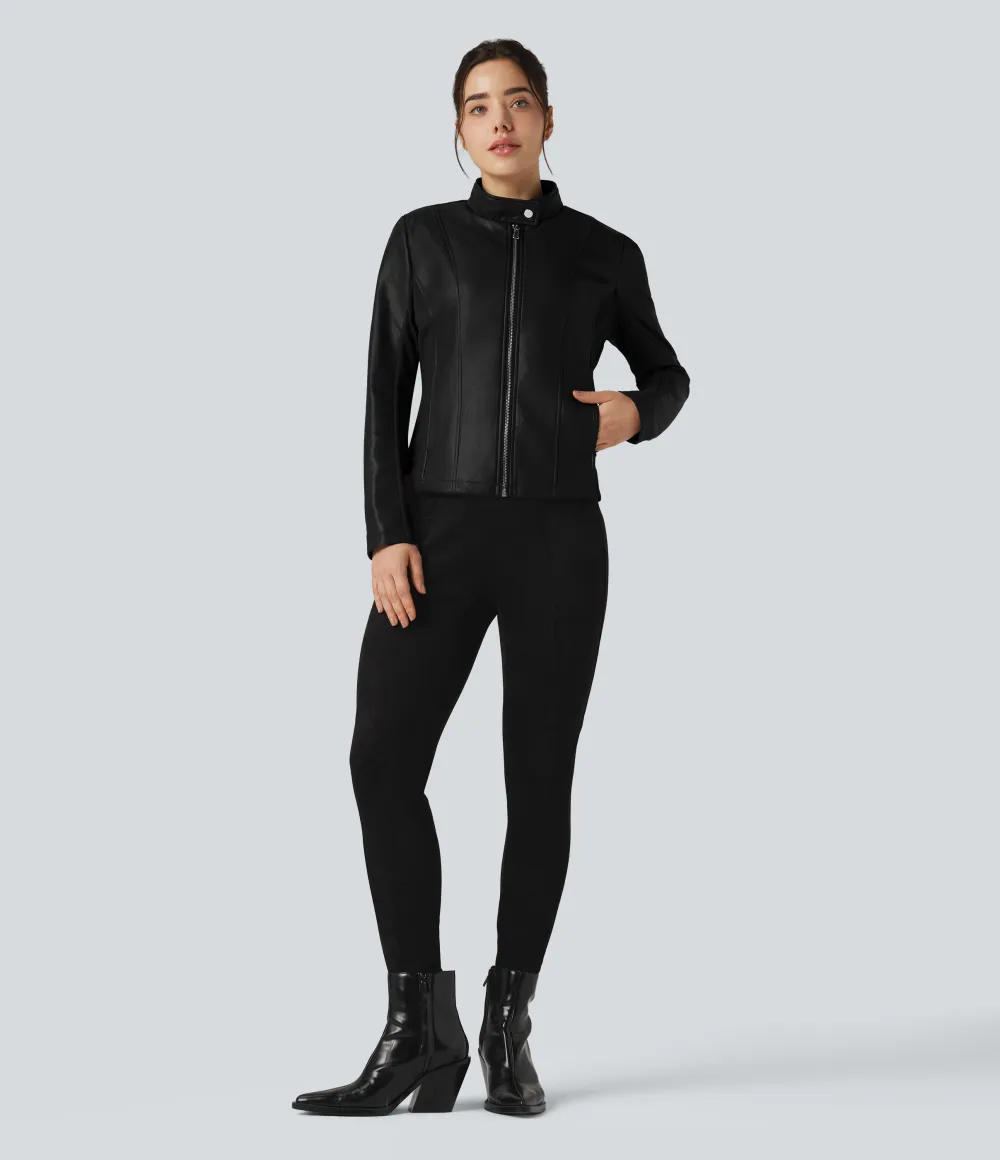 Stand Collar Zipper Long Sleeve Fleece Casual PU Faux Leather Jacket with Pockets