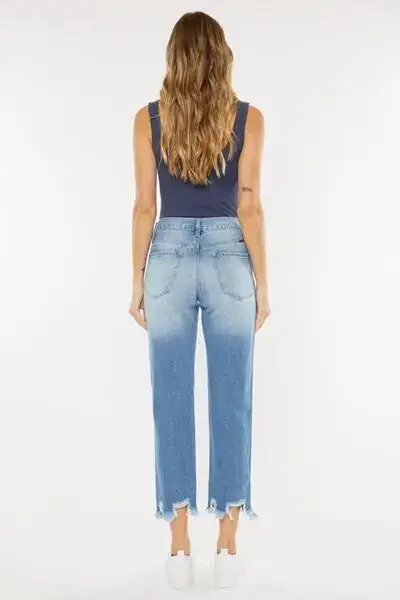 High Waist Chewed Up Straight Mom Denim Jeans