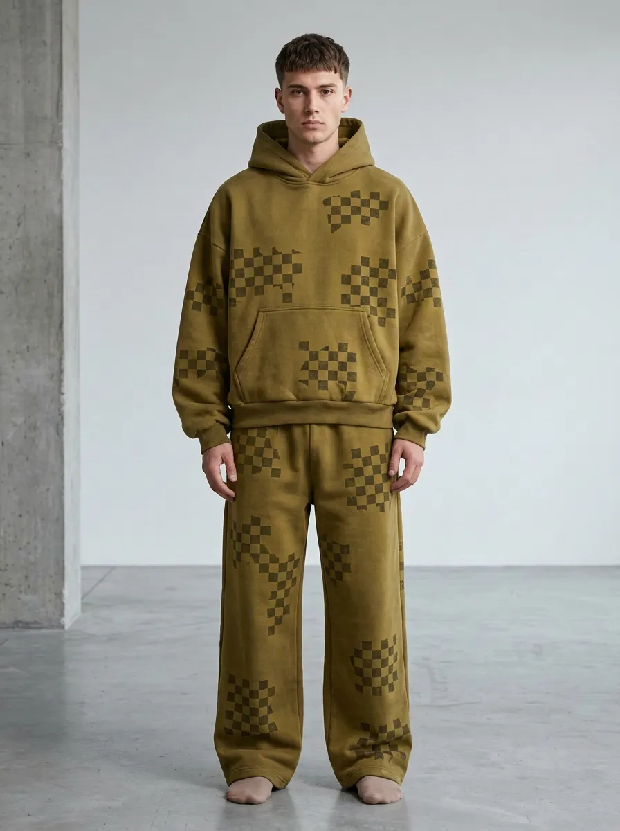 Casual Jogger Checkerboard Men's Two-Piece Tracksuit