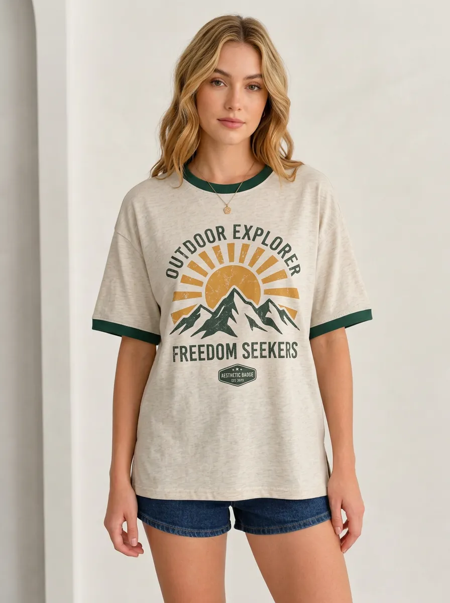 Women's Outdoor Explorer Mountain Sun Printed Ringer T-shirt