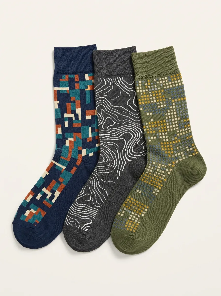 Men's Geometric Topographic Pixel Printed Three Pack Socks