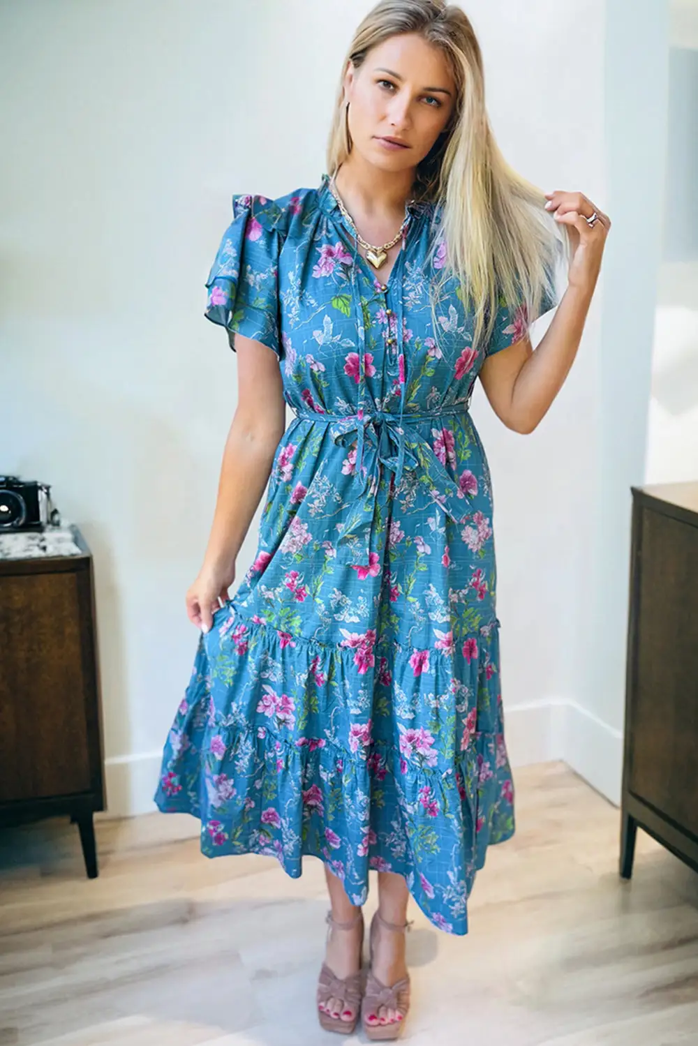 Floral Split Neck Tie Waist Dress Casual
