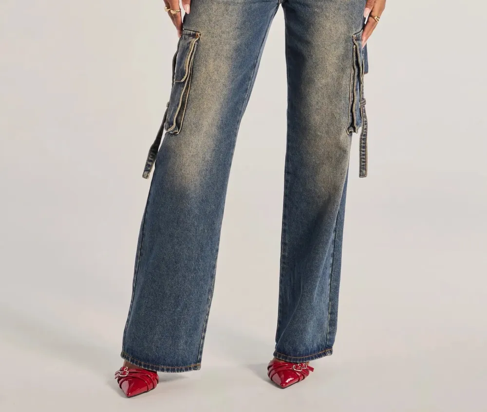 Dark Denim High-Rise Wide-Leg Cargo Jeans