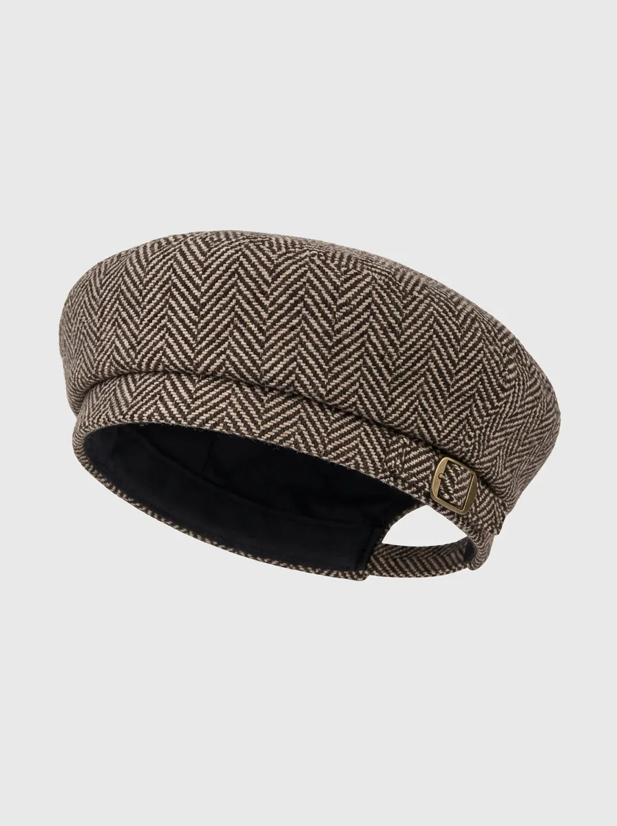 Unisex Vintage Herringbone Buckle-Detail Beret