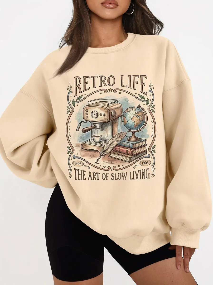 Women's Retro Coffee Globe Books Printed Sweatshirt