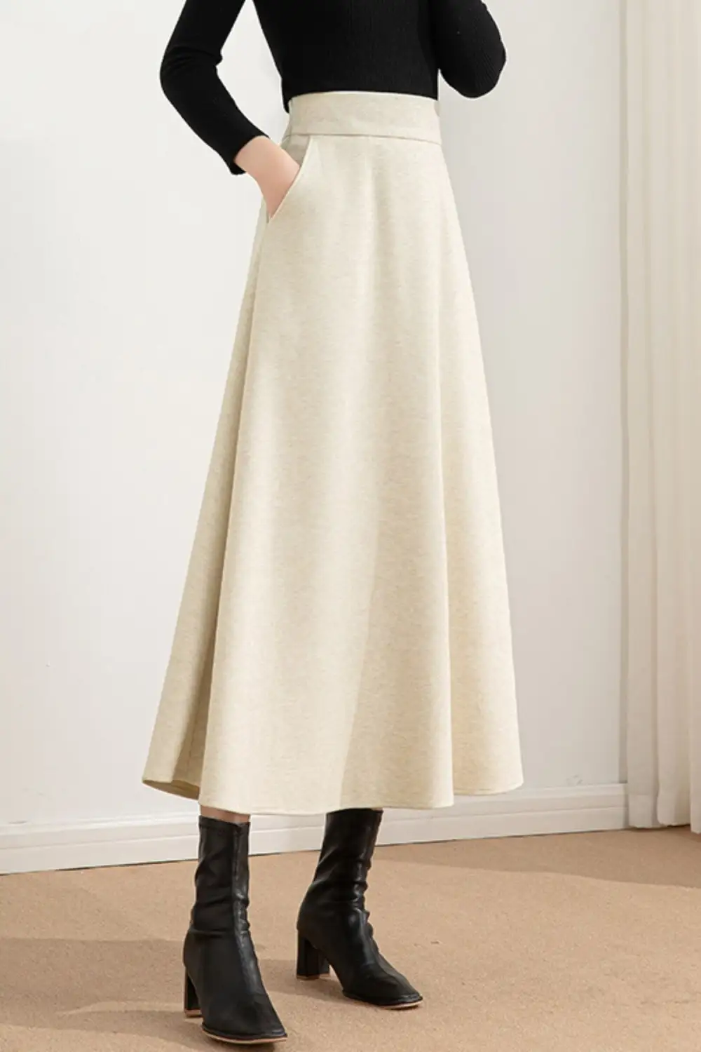 Checkered Wool Blend A Line High Waist Skirt