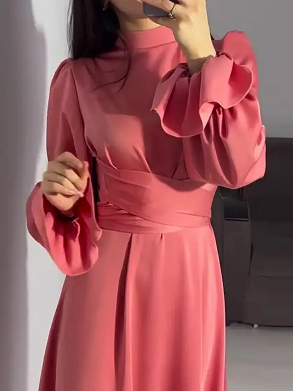 Sleeves Color Pleated Long Neck Maxi Dress