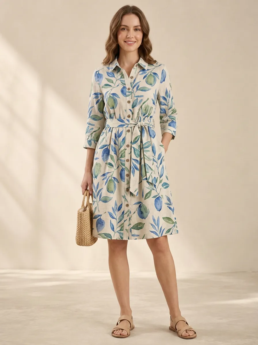 Women's Shirt Contemporary Botanical Leaf Lemon Print Dress