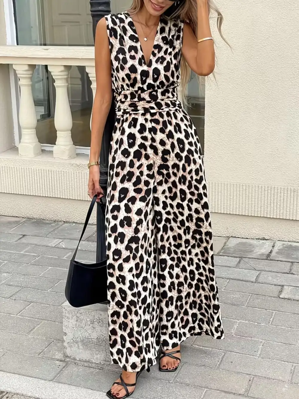 Sleeveless V Neck Leopard Print Wide Jumpsuit
