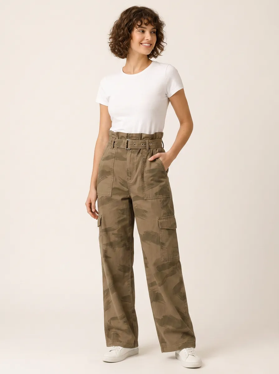 Women's Casual Fashion Camouflage Printed High-Waisted Cargo Pants Set
