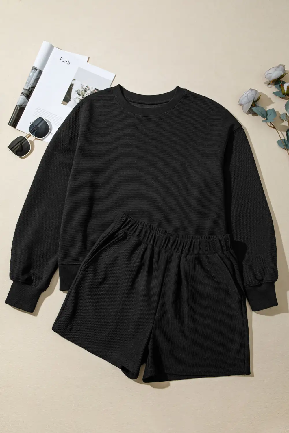 Women's Ribbed Texture Baggy Drop Shoulder Pullover and Shorts Set