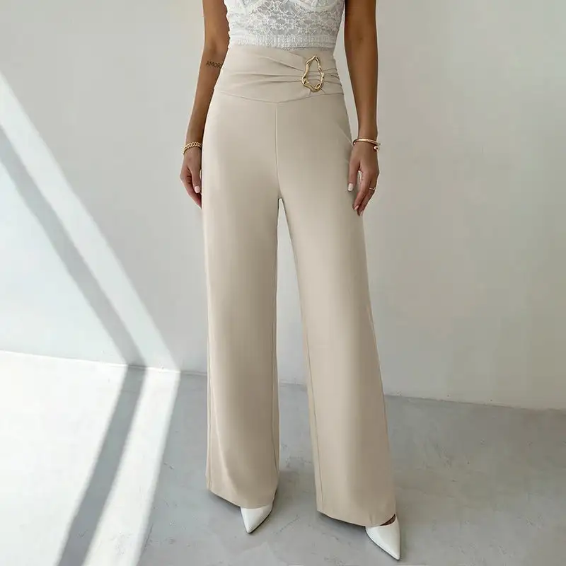 Women's High Waist Straight Leg Button Detail Pants