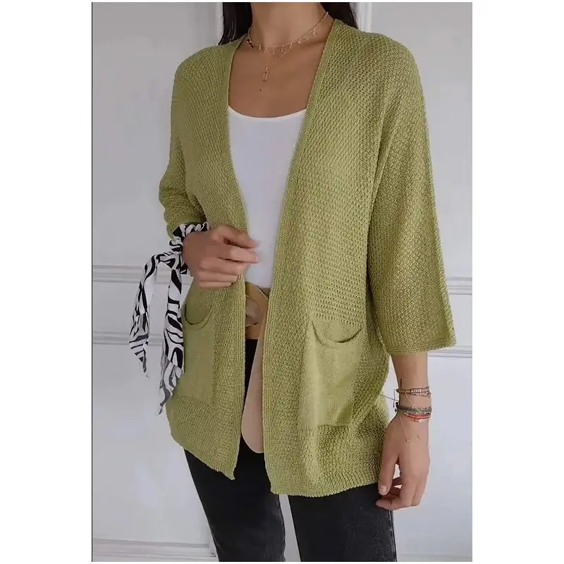 Women's Waffle-Knit Three-Quarter Sleeve Cardigan