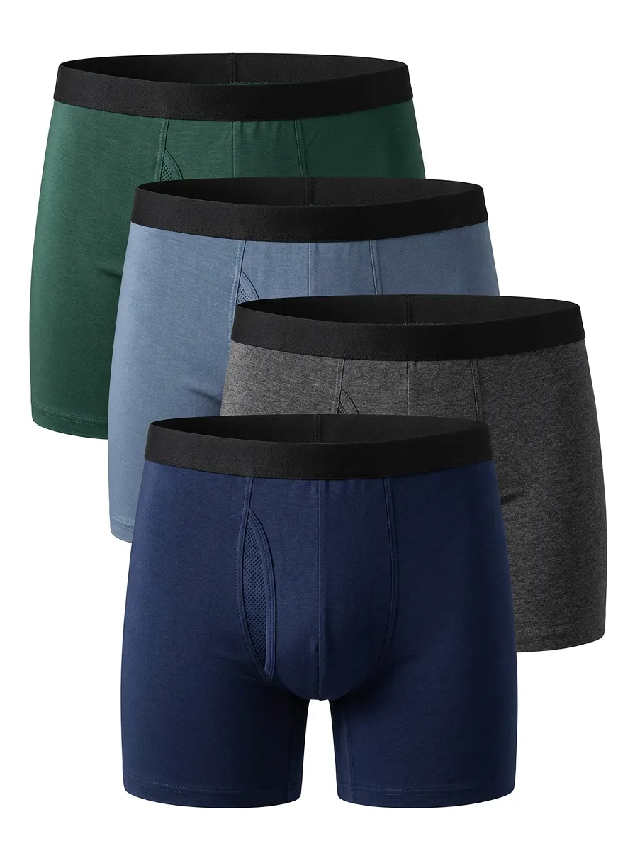 Men's Boxer Briefs Four-Pack with Mesh Breathable-Look Cotton Textured